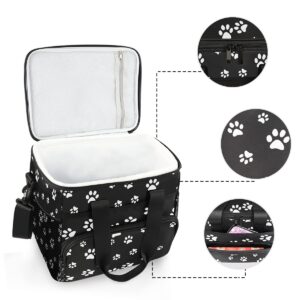 AUUXVA Cooler Bag Large Camping Cooler Tote White Puppy Paw Print Black Lunch Cooler Bag Insulated Waterproof Lunch Box for Picnic Beach Travel, Reusable Leakproof