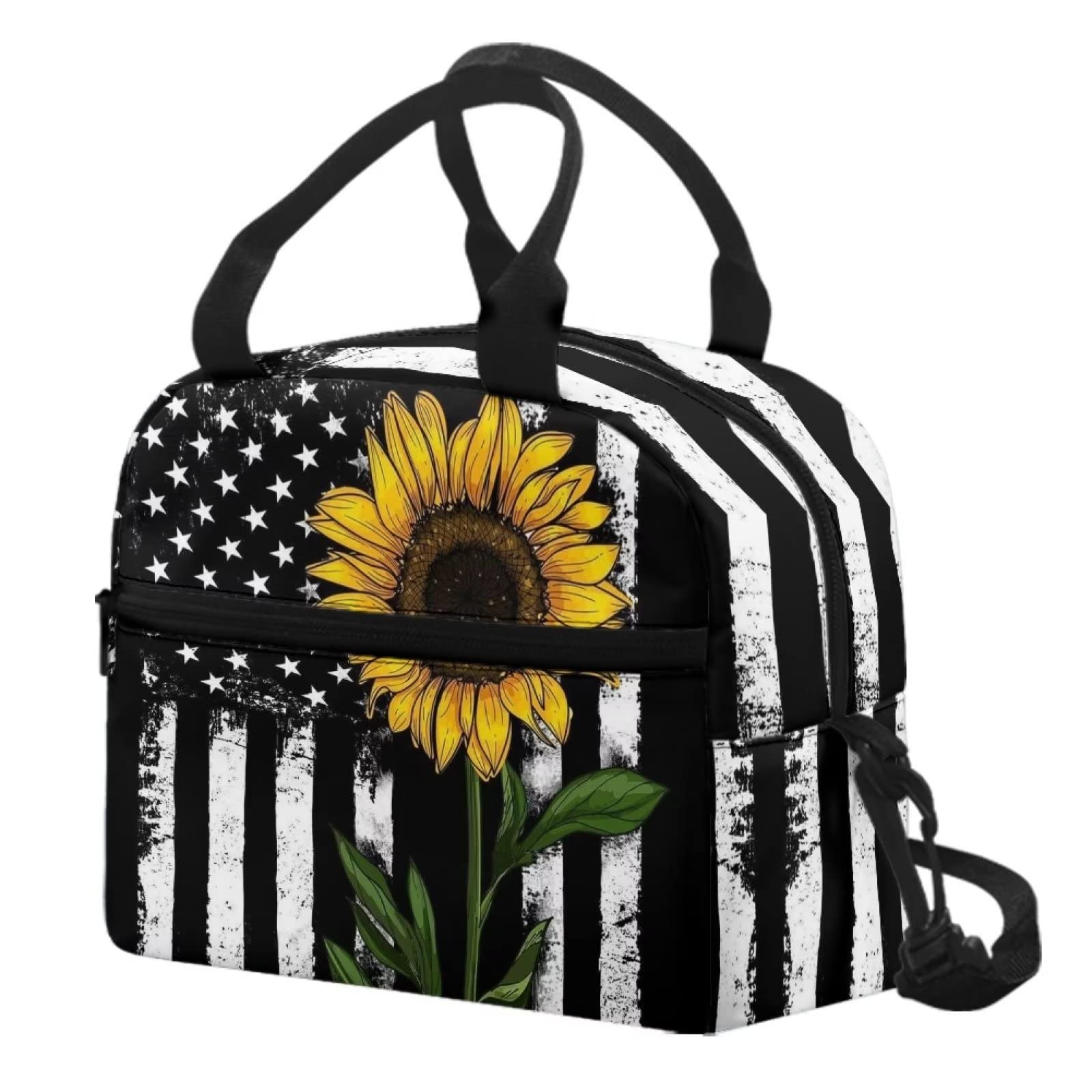 Drydeepin Sunflower American Flag 4Th Of July Design Lunch Bags for Women Portable Lightweight Patriotic Lunch Tote Bag Handbag wth Adjustable Shoulder Strap Insulated Reusable Lunch Box