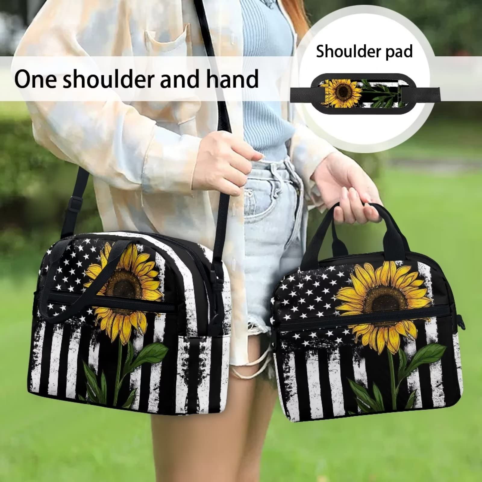 Drydeepin Sunflower American Flag 4Th Of July Design Lunch Bags for Women Portable Lightweight Patriotic Lunch Tote Bag Handbag wth Adjustable Shoulder Strap Insulated Reusable Lunch Box