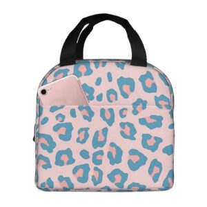 leopard print peachy blue reusable insulated lunch bag for women men waterproof tote lunch box thermal cooler lunch tote bag for work office travel picnic