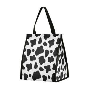 reusable lunch bag black and white cow print insulated lunch box lunch tote with aluminum foil, handbag for office school kids teen