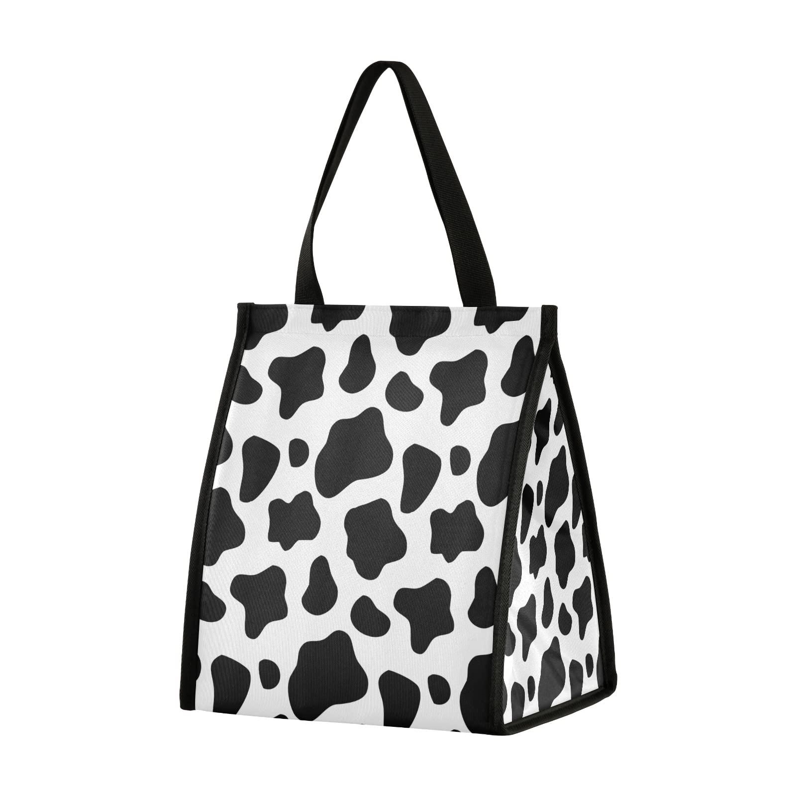 Reusable Lunch Bag Black and White Cow Print Insulated Lunch Box Lunch Tote with Aluminum Foil, Handbag for Office School Kids Teen