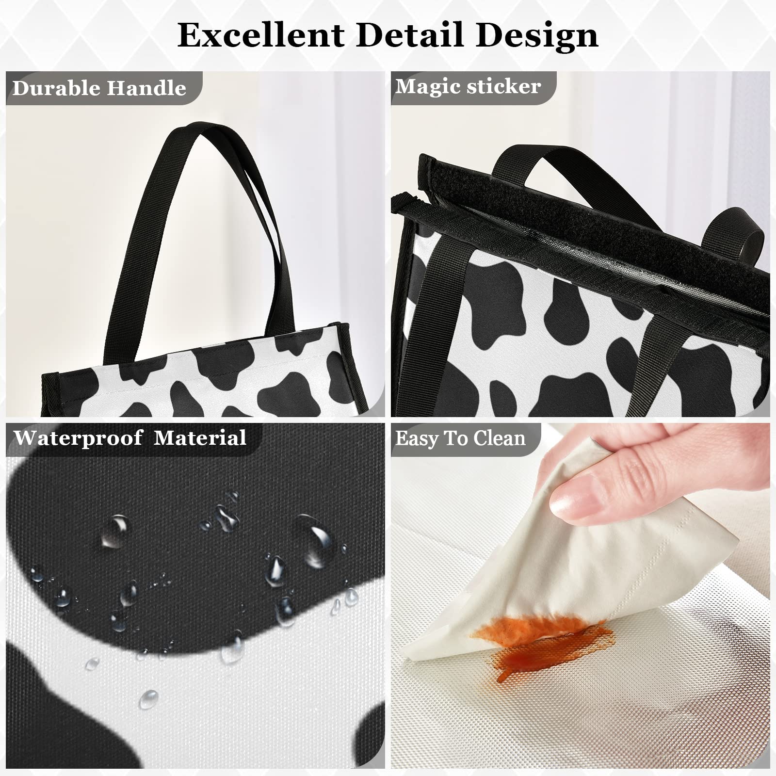 Reusable Lunch Bag Black and White Cow Print Insulated Lunch Box Lunch Tote with Aluminum Foil, Handbag for Office School Kids Teen