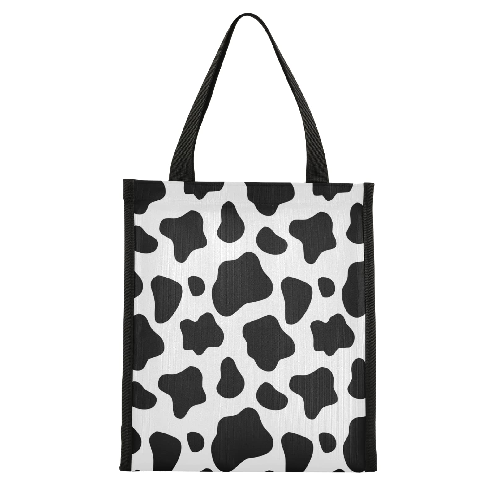 Reusable Lunch Bag Black and White Cow Print Insulated Lunch Box Lunch Tote with Aluminum Foil, Handbag for Office School Kids Teen