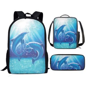 zfrxign dolphin girls backpack and lunch box set children bookbag back to school bag small lunch box picnic bag pen case ocean theme blue