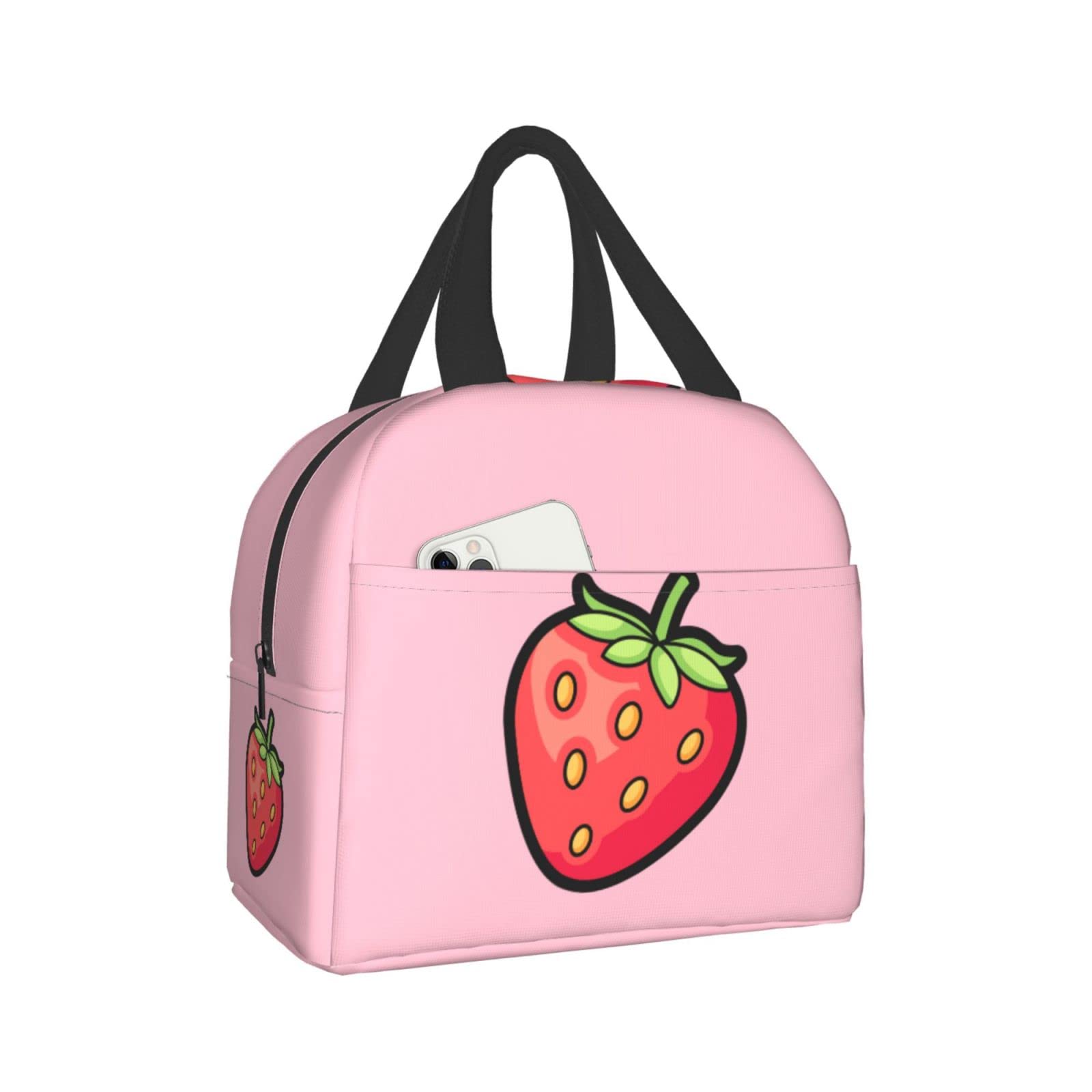 Ucsaxue Cute Strawberry Cartoon On Pink Lunch Bag Reusable Lunch Box Work Bento Cooler Reusable Tote Picnic Boxes Insulated Container Shopping Bags For Adult Women Men