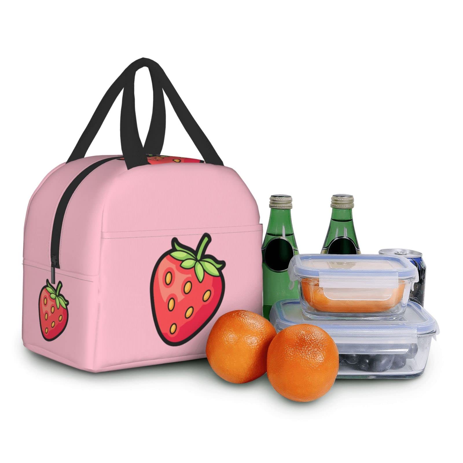 Ucsaxue Cute Strawberry Cartoon On Pink Lunch Bag Reusable Lunch Box Work Bento Cooler Reusable Tote Picnic Boxes Insulated Container Shopping Bags For Adult Women Men