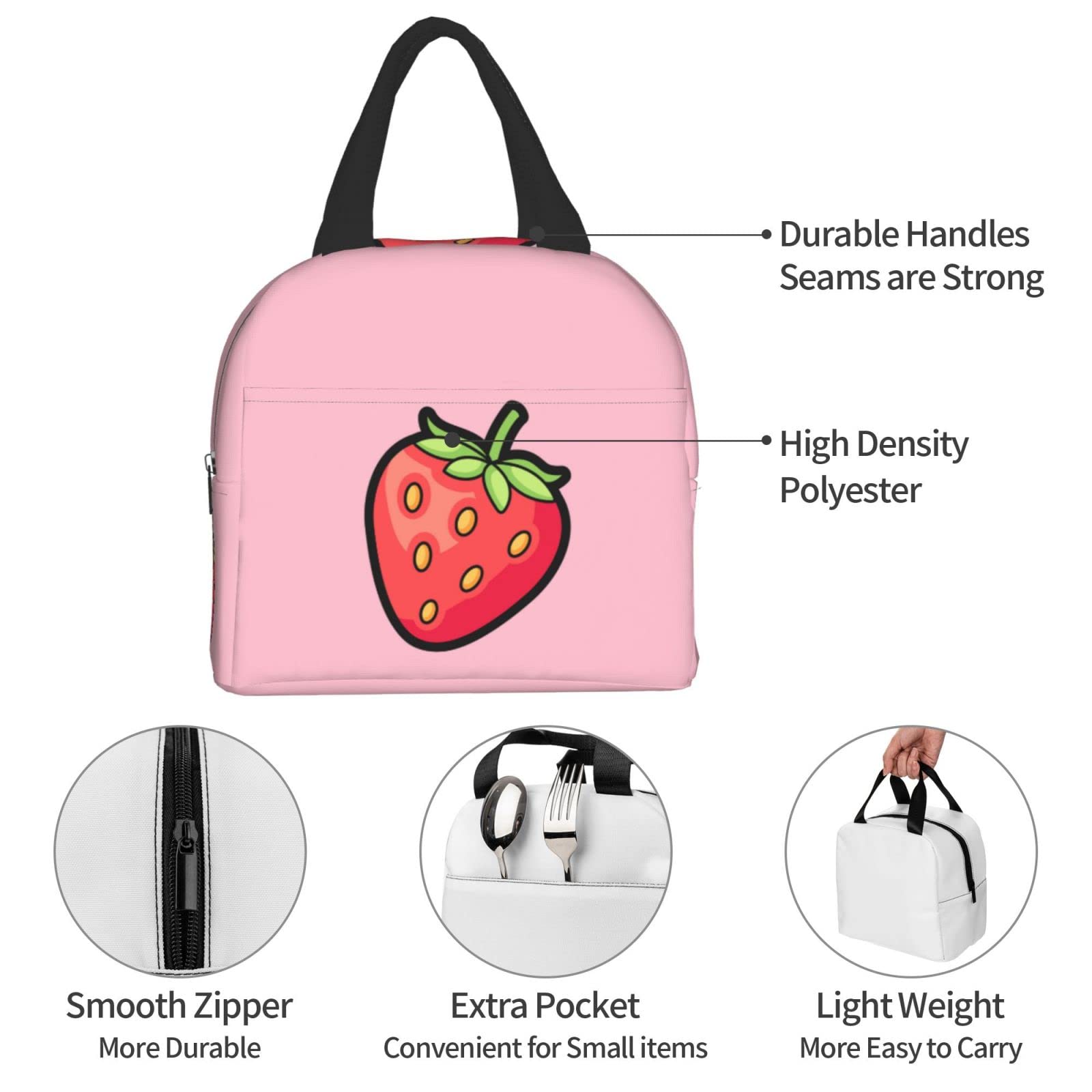 Ucsaxue Cute Strawberry Cartoon On Pink Lunch Bag Reusable Lunch Box Work Bento Cooler Reusable Tote Picnic Boxes Insulated Container Shopping Bags For Adult Women Men