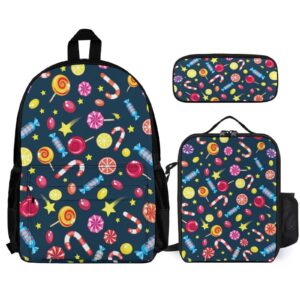 candies and lollipops 3pcs backpack set cute back pack shoulder bag lunch tote pencil cases college travel daypack