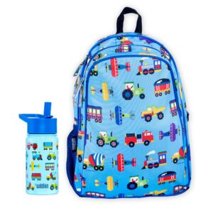 wildkin 15 inch backpack bundle with 14 ounce steel reusable water bottle (trains, planes & trucks)