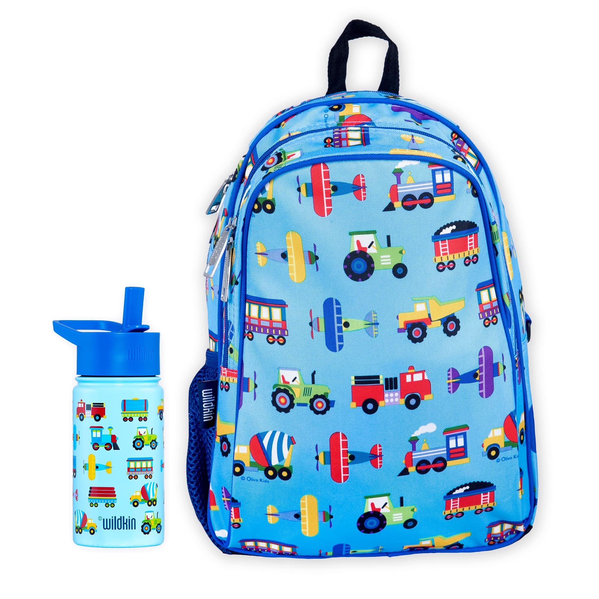 Wildkin 15 Inch Backpack Bundle with 14 Ounce Steel Reusable Water Bottle (Trains, Planes & Trucks)