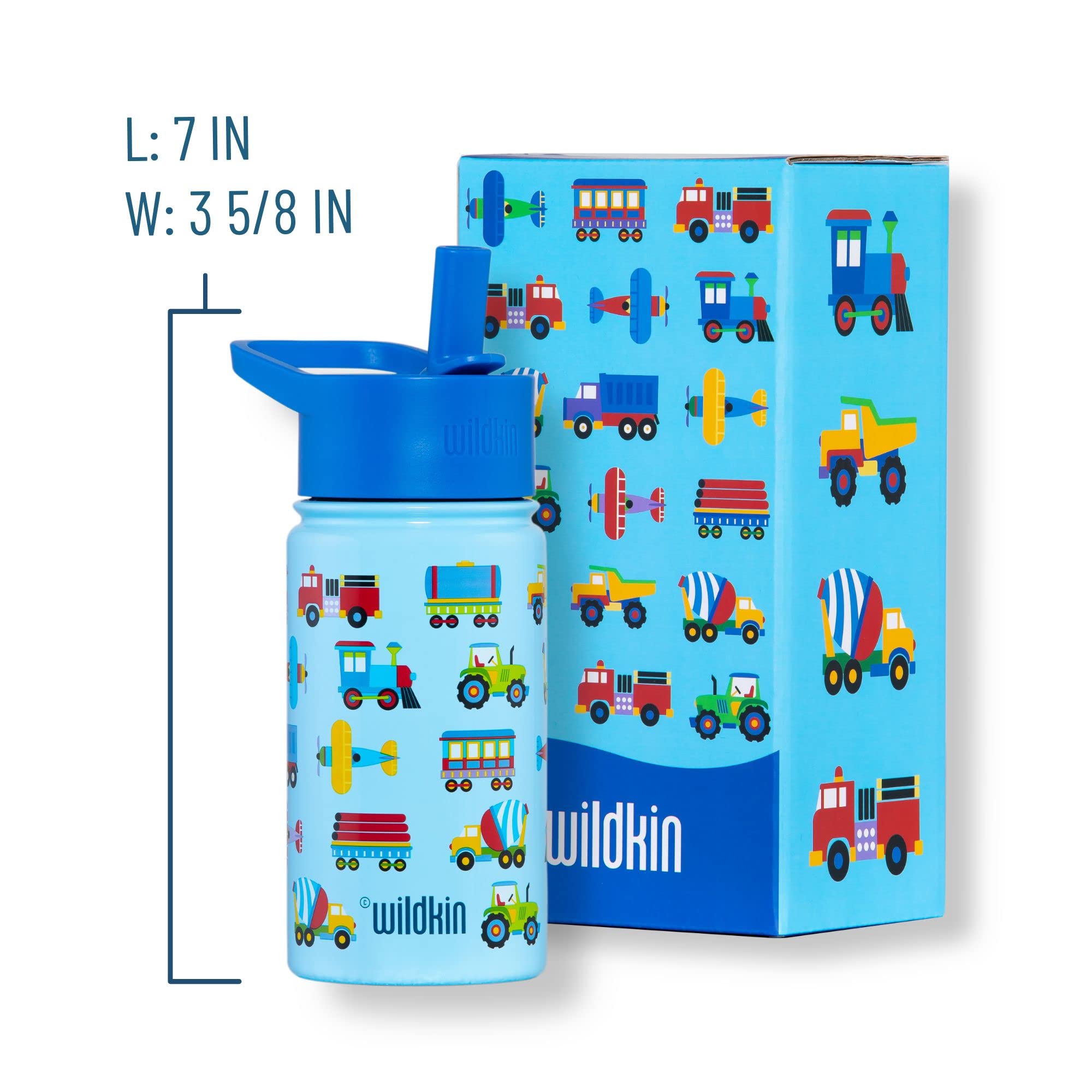 Wildkin 15 Inch Backpack Bundle with 14 Ounce Steel Reusable Water Bottle (Trains, Planes & Trucks)