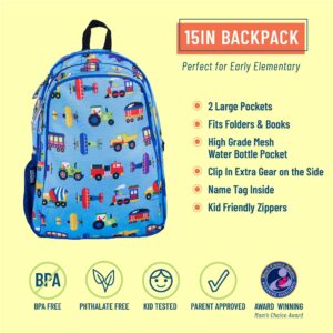 Wildkin 15 Inch Backpack Bundle with 14 Ounce Steel Reusable Water Bottle (Trains, Planes & Trucks)