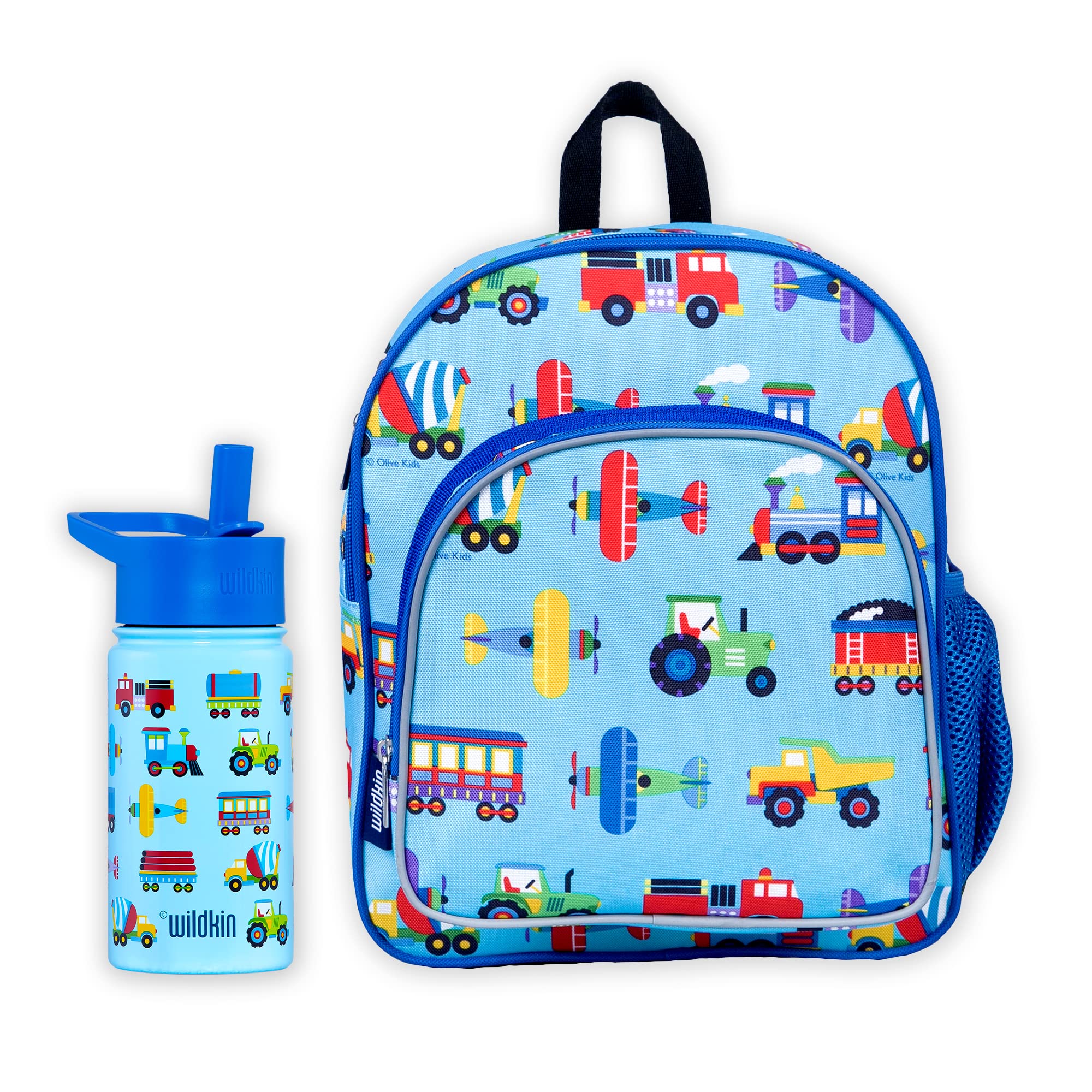 Wildkin 12 Inch Backpack Bundle with 14 Ounce Steel Reusable Water Bottle (Trains, Planes & Trucks)