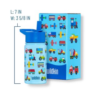 Wildkin 12 Inch Backpack Bundle with 14 Ounce Steel Reusable Water Bottle (Trains, Planes & Trucks)