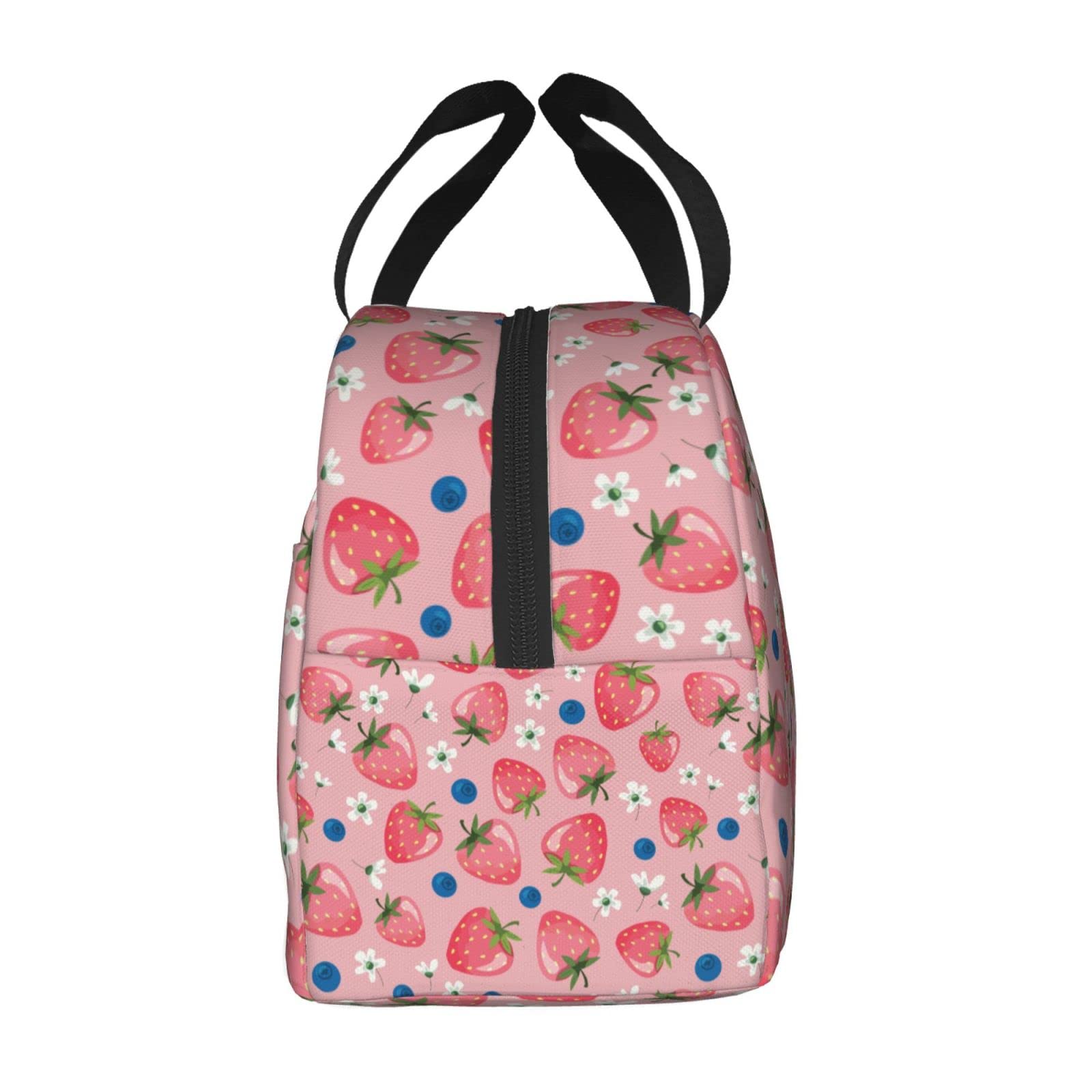Cute Strawberry Blueberry Reusable Insulated Lunch Bag For Women Men Waterproof Tote Lunch Box Thermal Cooler Lunch Tote Bag For Work Office Travel Picnic