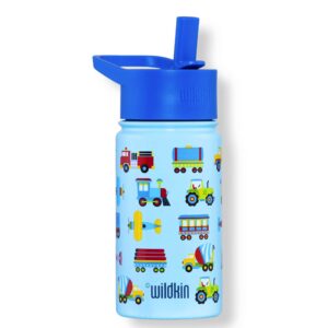 Wildkin 12 Inch Backpack Bundle with 14 Ounce Steel Reusable Water Bottle (Trains, Planes & Trucks)