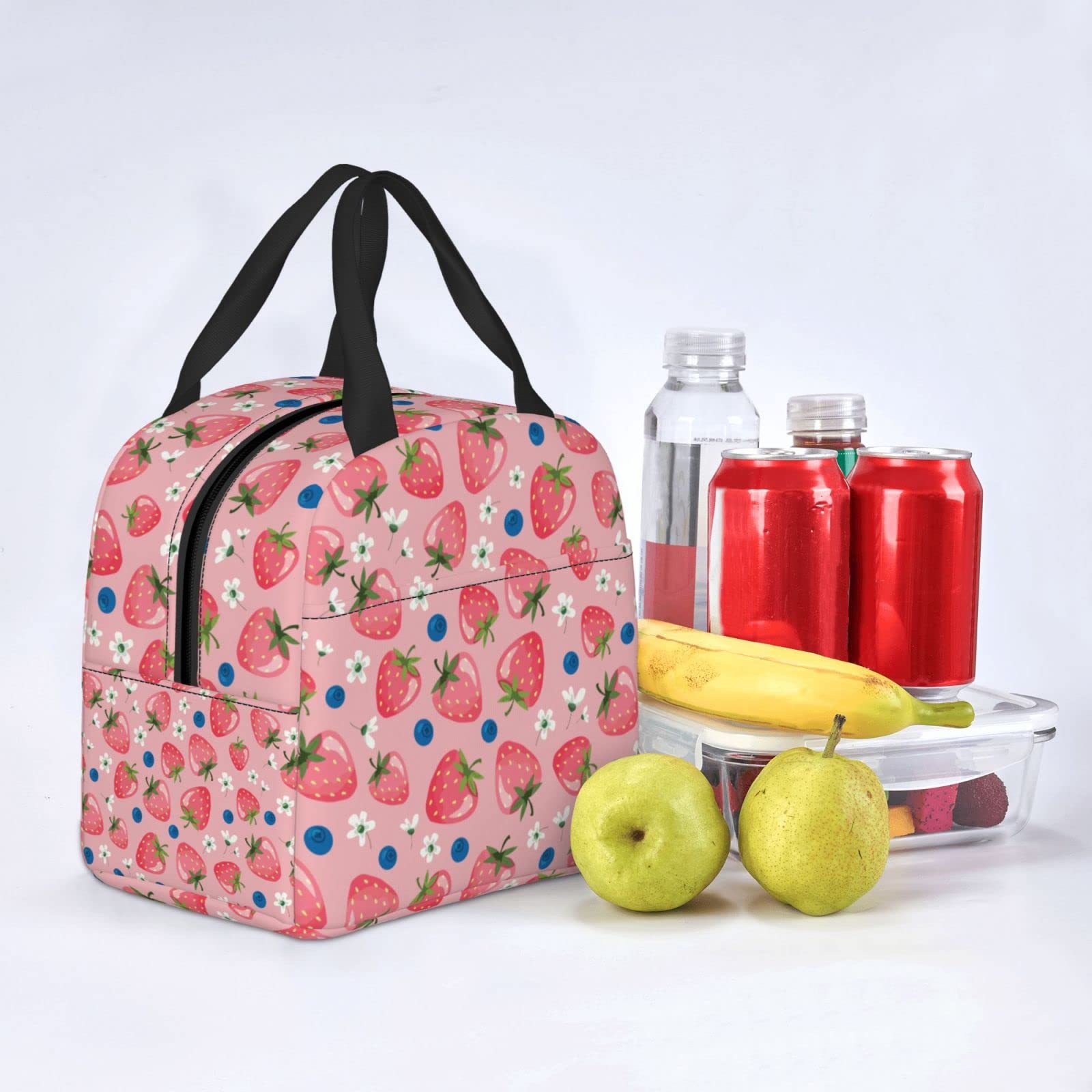 Cute Strawberry Blueberry Reusable Insulated Lunch Bag For Women Men Waterproof Tote Lunch Box Thermal Cooler Lunch Tote Bag For Work Office Travel Picnic