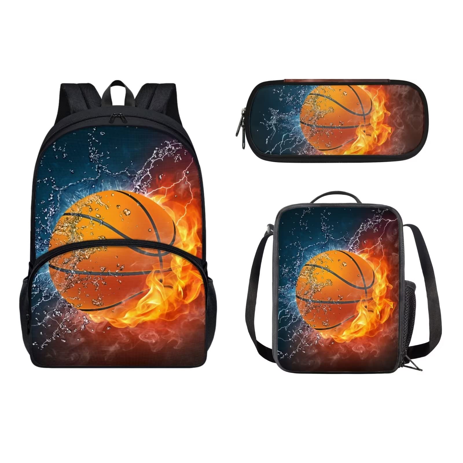 Glomenade Flame Water Basketball Lunch Bags Reusable Thermal Lunch Pouch Sack Fire Ice Ball Schoolbags Bookbags with Pencil Bag Snacks Organizer Back to School