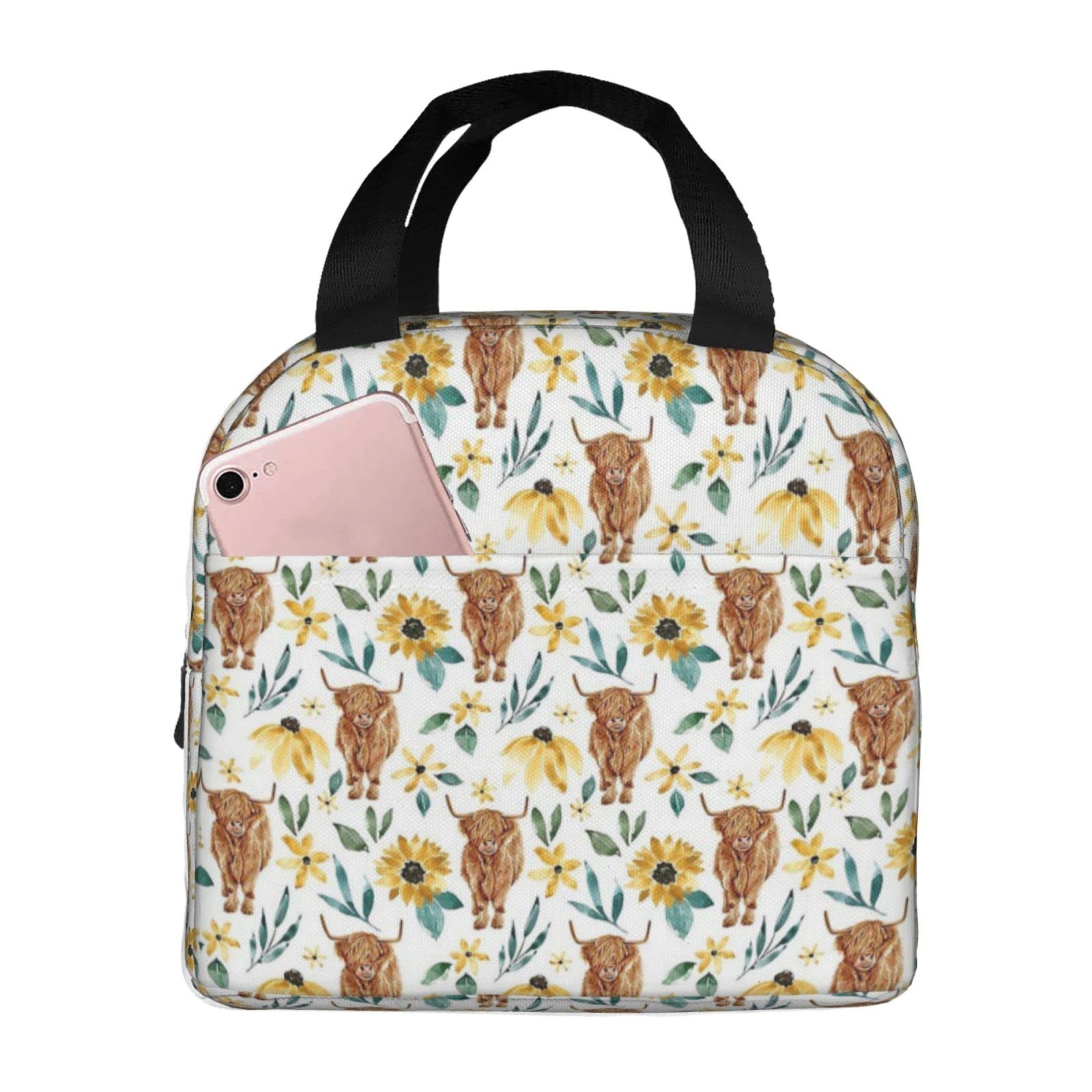 bzaxxqi Highland Cow And Sunflowers Wildflowers Lunch Bags For Women Men,Cow Lunch Box Reusable Tote Bag With Pocket Lunch Handbag For Work Picnic Travel