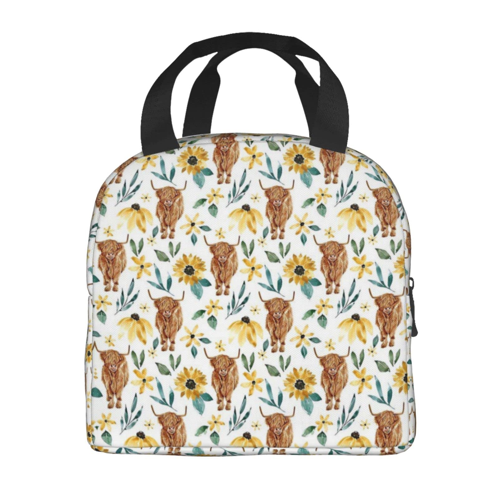 bzaxxqi Highland Cow And Sunflowers Wildflowers Lunch Bags For Women Men,Cow Lunch Box Reusable Tote Bag With Pocket Lunch Handbag For Work Picnic Travel