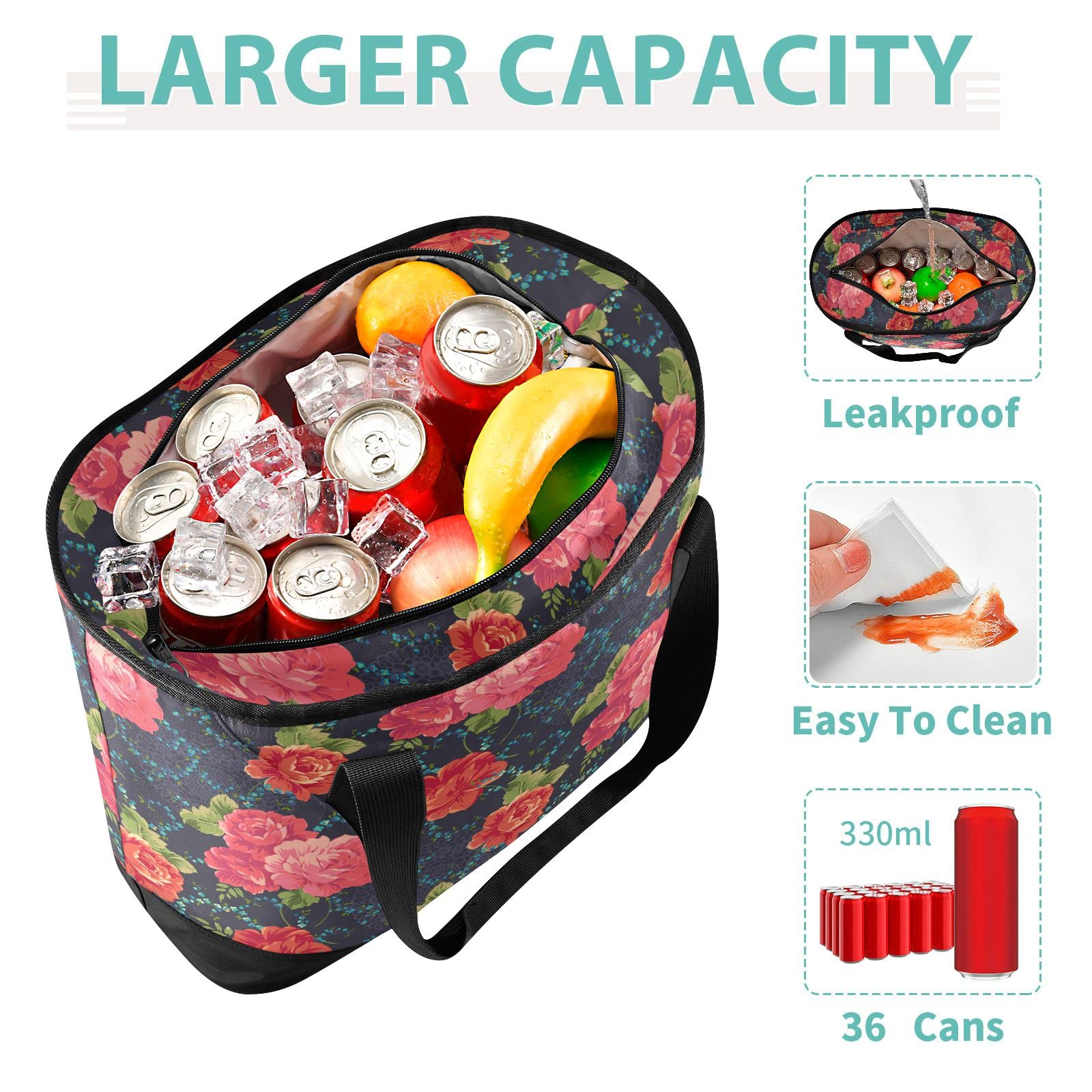 ALAZA Classic Red Flowers Cooler Bag Insulated Lunch Bag for Women Men, Reusable Leakproof Cooler Tote Shoulder Bag for Picnic Camping Work Office Beach