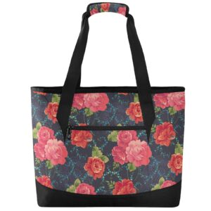 ALAZA Classic Red Flowers Cooler Bag Insulated Lunch Bag for Women Men, Reusable Leakproof Cooler Tote Shoulder Bag for Picnic Camping Work Office Beach