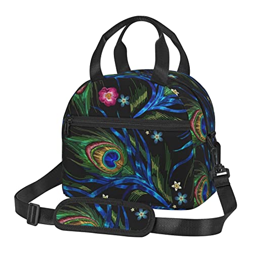 LYNSAY Peacock Feather Printed Lunch Bag, Lightweight And Durable, Adjustable Shoulder Strap, Reusable Lunch Handbag, Portable Refrigerated Bag