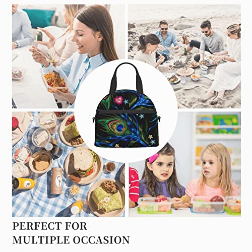 LYNSAY Peacock Feather Printed Lunch Bag, Lightweight And Durable, Adjustable Shoulder Strap, Reusable Lunch Handbag, Portable Refrigerated Bag