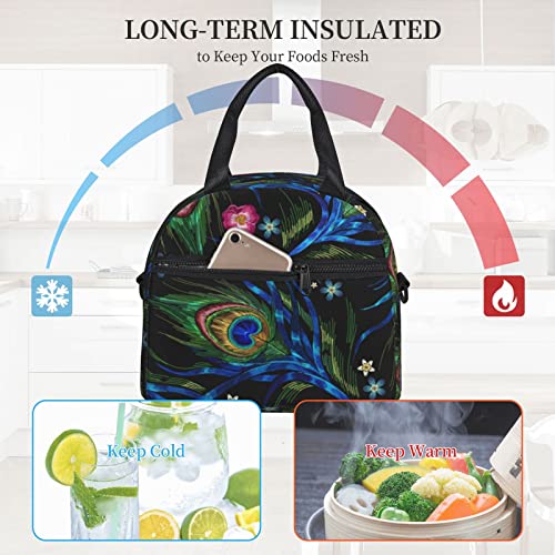 LYNSAY Peacock Feather Printed Lunch Bag, Lightweight And Durable, Adjustable Shoulder Strap, Reusable Lunch Handbag, Portable Refrigerated Bag