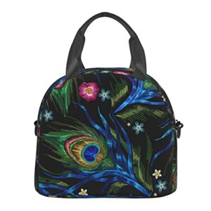 LYNSAY Peacock Feather Printed Lunch Bag, Lightweight And Durable, Adjustable Shoulder Strap, Reusable Lunch Handbag, Portable Refrigerated Bag