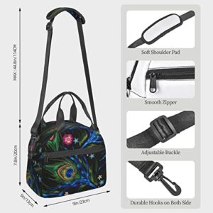 LYNSAY Peacock Feather Printed Lunch Bag, Lightweight And Durable, Adjustable Shoulder Strap, Reusable Lunch Handbag, Portable Refrigerated Bag