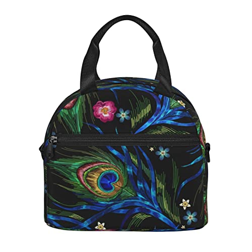 LYNSAY Peacock Feather Printed Lunch Bag, Lightweight And Durable, Adjustable Shoulder Strap, Reusable Lunch Handbag, Portable Refrigerated Bag