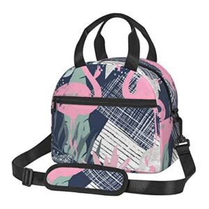 pink flamingo and leaves printed lunch bag, lightweight and durable, adjustable shoulder strap, reusable lunch handbag, portable refrigerated bag