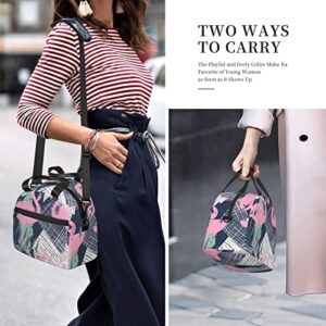 Pink Flamingo And Leaves Printed Lunch Bag, Lightweight And Durable, Adjustable Shoulder Strap, Reusable Lunch Handbag, Portable Refrigerated Bag