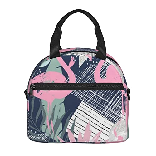 Pink Flamingo And Leaves Printed Lunch Bag, Lightweight And Durable, Adjustable Shoulder Strap, Reusable Lunch Handbag, Portable Refrigerated Bag