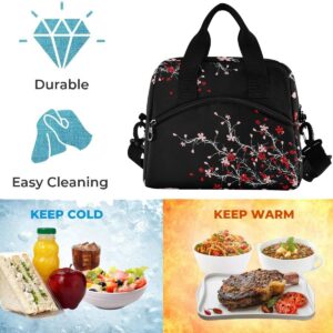 Glaphy Cherry Blossom Flowers Floral Black Lunch Bag Insulated Lunch Box Tote Food Container Meal Prep Cooler Portable Handbag