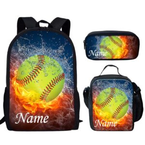 uniceu fire water softball print kids customized school bag set 3 in 1 with lunch bag, pencil case, add kids name personalized backpack