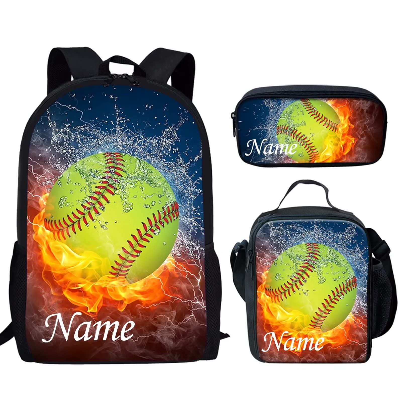 UNICEU Fire Water Softball Print Kids Customized School Bag Set 3 in 1 with Lunch Bag, Pencil Case, Add Kids Name Personalized Backpack