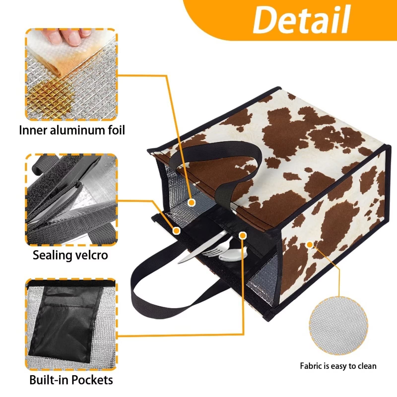 TODIYADDU Brown Cow Print Lunch Insulated Bags for Women with Shoulder Straps Waterproof Bento Box Tote Bag Reusable Lunch Box Packaging Custom School Lunch Bags