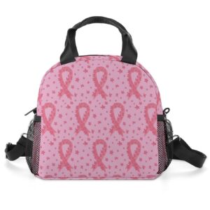 pink ribbon breast cancer awareness flowers lunch bag, lunch box portable insulated lunch tote bag, thermal cooler bag for women work outdoor