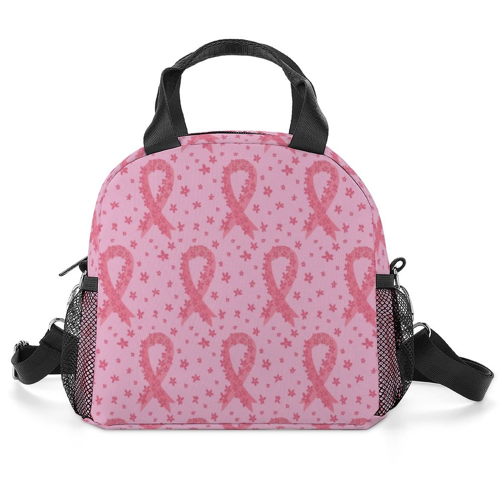 Pink Ribbon Breast Cancer Awareness Flowers Lunch Bag, Lunch Box Portable Insulated Lunch Tote Bag, Thermal Cooler Bag for Women Work Outdoor