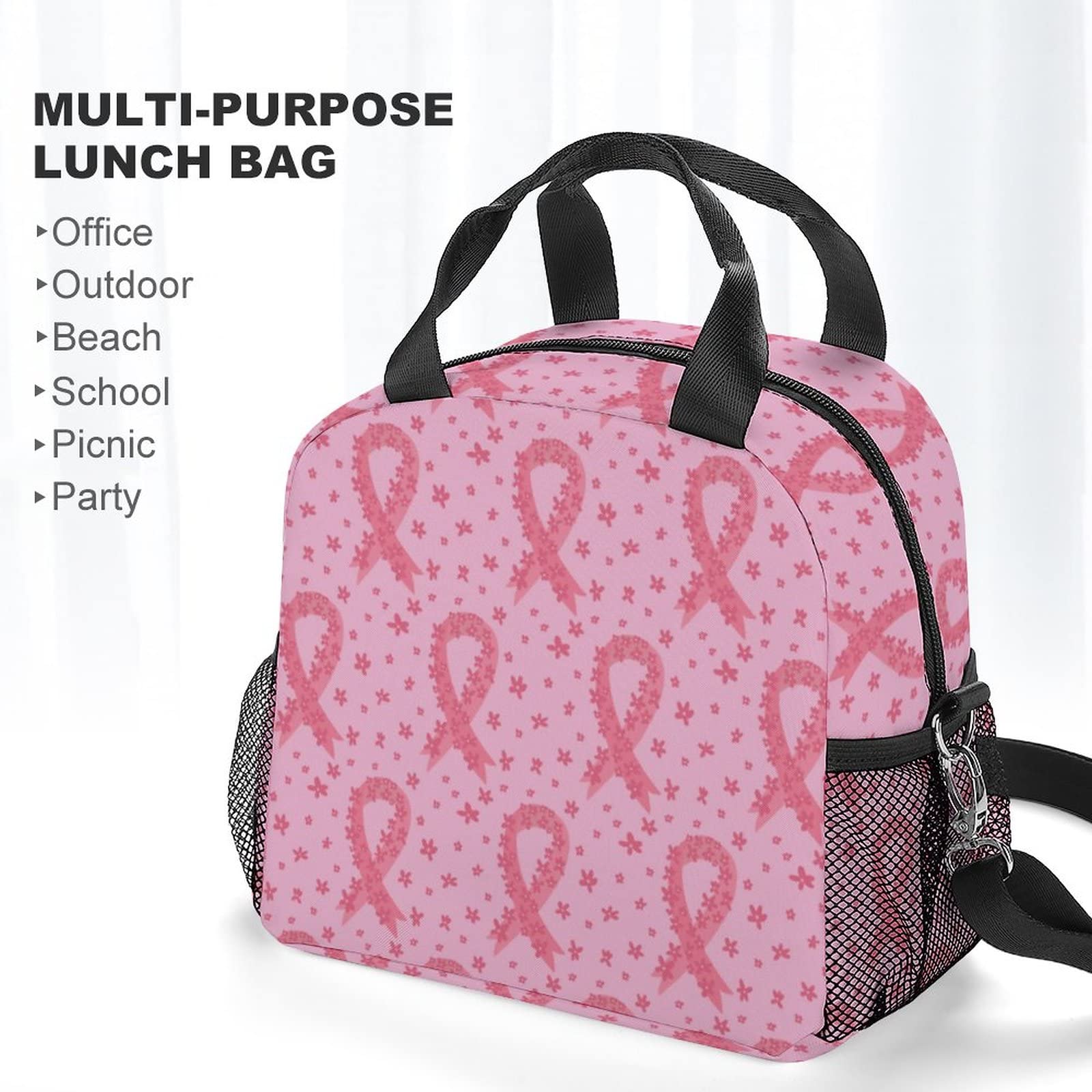 Pink Ribbon Breast Cancer Awareness Flowers Lunch Bag, Lunch Box Portable Insulated Lunch Tote Bag, Thermal Cooler Bag for Women Work Outdoor