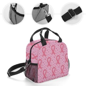 Pink Ribbon Breast Cancer Awareness Flowers Lunch Bag, Lunch Box Portable Insulated Lunch Tote Bag, Thermal Cooler Bag for Women Work Outdoor