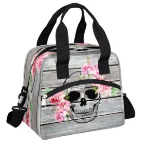 insulated lunch bag for women men rustic wood goth skull pink flower lunch box reusable lunch cooler bag large lunch tote bag for work picnic travel school