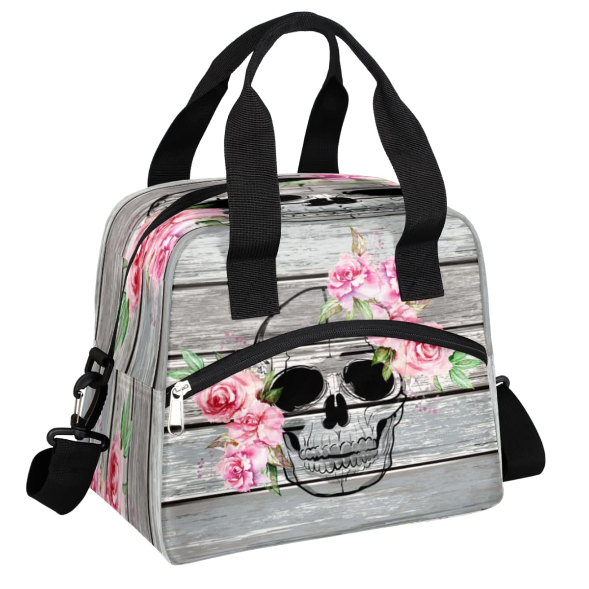 Insulated Lunch Bag for Women Men Rustic Wood Goth Skull Pink Flower Lunch Box Reusable Lunch Cooler Bag Large Lunch Tote Bag for Work Picnic Travel School