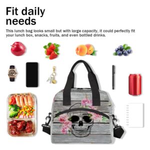 Insulated Lunch Bag for Women Men Rustic Wood Goth Skull Pink Flower Lunch Box Reusable Lunch Cooler Bag Large Lunch Tote Bag for Work Picnic Travel School