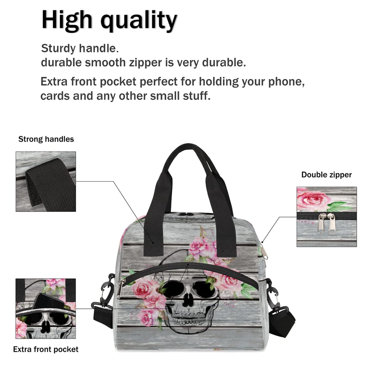 Insulated Lunch Bag for Women Men Rustic Wood Goth Skull Pink Flower Lunch Box Reusable Lunch Cooler Bag Large Lunch Tote Bag for Work Picnic Travel School