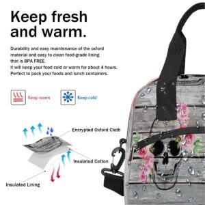 Insulated Lunch Bag for Women Men Rustic Wood Goth Skull Pink Flower Lunch Box Reusable Lunch Cooler Bag Large Lunch Tote Bag for Work Picnic Travel School