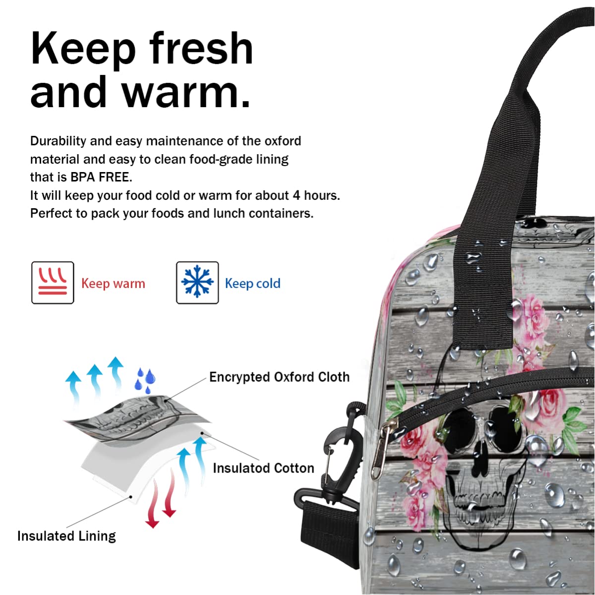 Insulated Lunch Bag for Women Men Rustic Wood Goth Skull Pink Flower Lunch Box Reusable Lunch Cooler Bag Large Lunch Tote Bag for Work Picnic Travel School